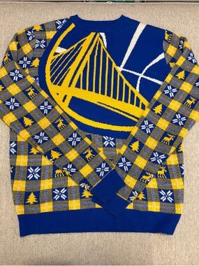 NBA Golden State Warriors Big Logo Plaid Ugly Christmas Sweater Size M